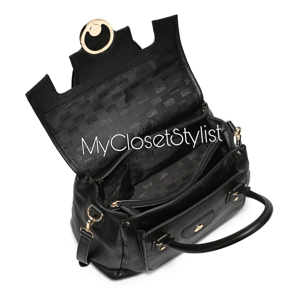 MICHAEL KORS NEW Leather Black Satchel Purse Gold Logo Shoulder Crossbody Strap - Picture 2 of 4